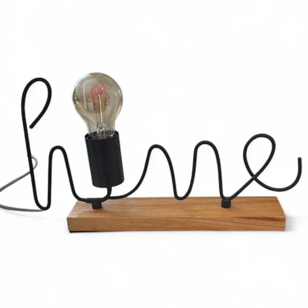 Mercantile Market Home Wireworks Gray Script Accent Lamp on Wood Base